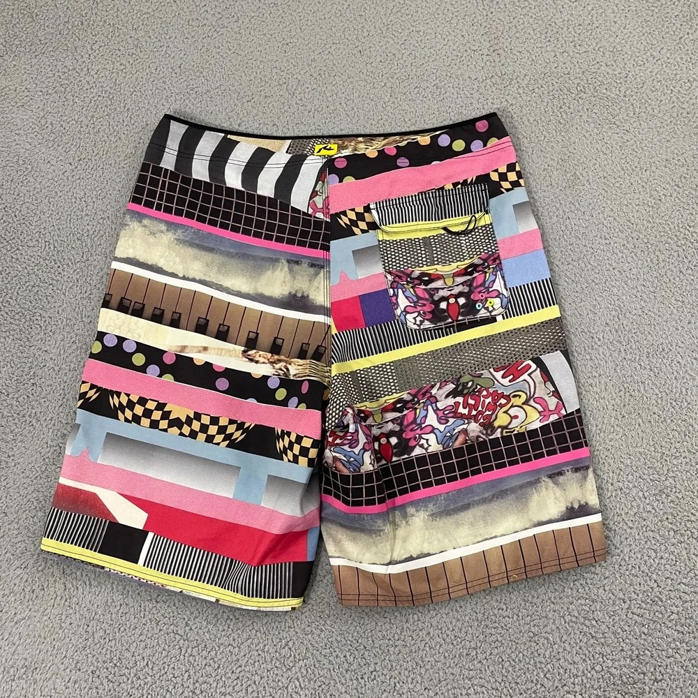 Rusty Board Shorts Men 36 Multi-color Retro Collage Beach Surf Skate